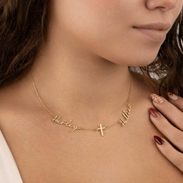 Double Name with Cross Necklace | Personalised Double Name & Cross in Gold & Silver