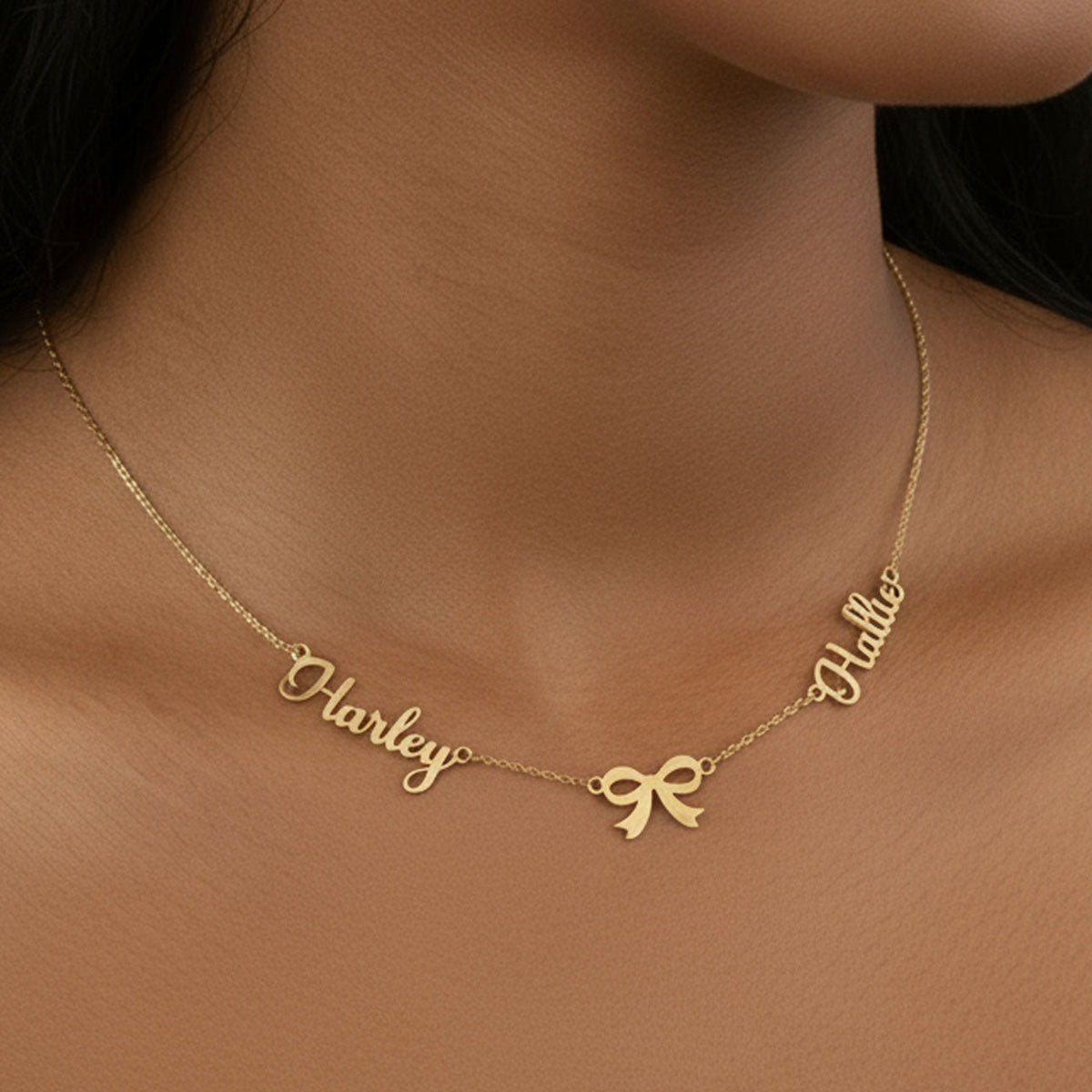Elegant Double Name Necklace with Bow – Gold, Silver & Vermeil Finish