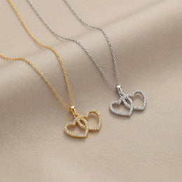 Interlocking Double Heart Cubic Zirconia Necklace in 18ct Gold or Sterling Silver
