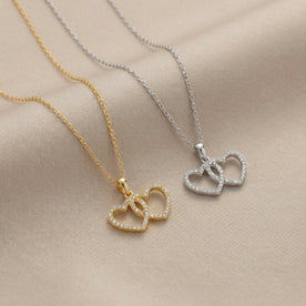 Interlocking Double Heart Cubic Zirconia Necklace in 18ct Gold or Sterling Silver