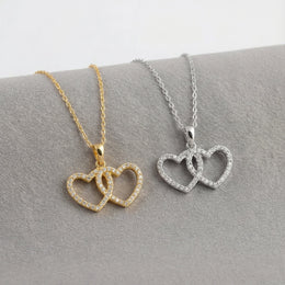 Interlocking Double Heart Cubic Zirconia Necklace in 18ct Gold or Sterling Silver