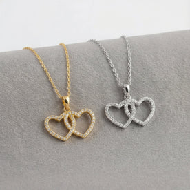 Interlocking Double Heart Cubic Zirconia Necklace in 18ct Gold or Sterling Silver