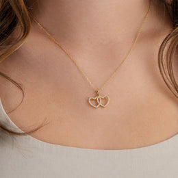 Interlocking Double Heart Cubic Zirconia Necklace in 18ct Gold or Sterling Silver