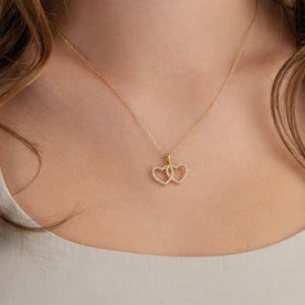 Interlocking Double Heart Cubic Zirconia Necklace in 18ct Gold or Sterling Silver