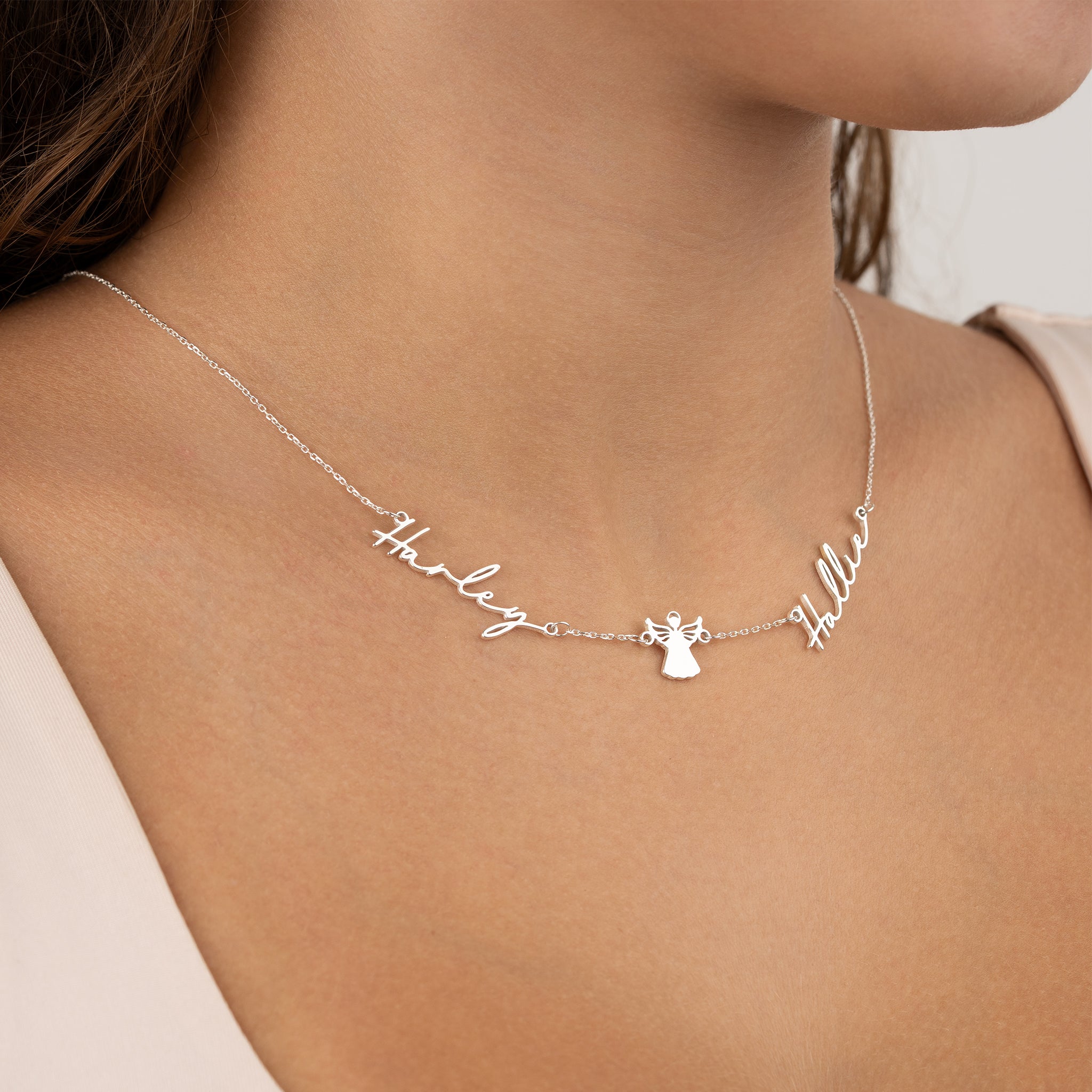 HeyBigDay Necklace Solid Silver / Style 1 / 18" Inches Double Name with Angel Necklace