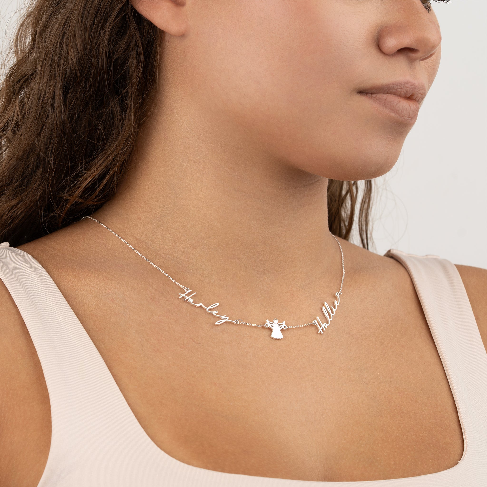 HeyBigDay Necklace Sterling Silver / Style 1 / 18" Inches Double Name with Angel Necklace