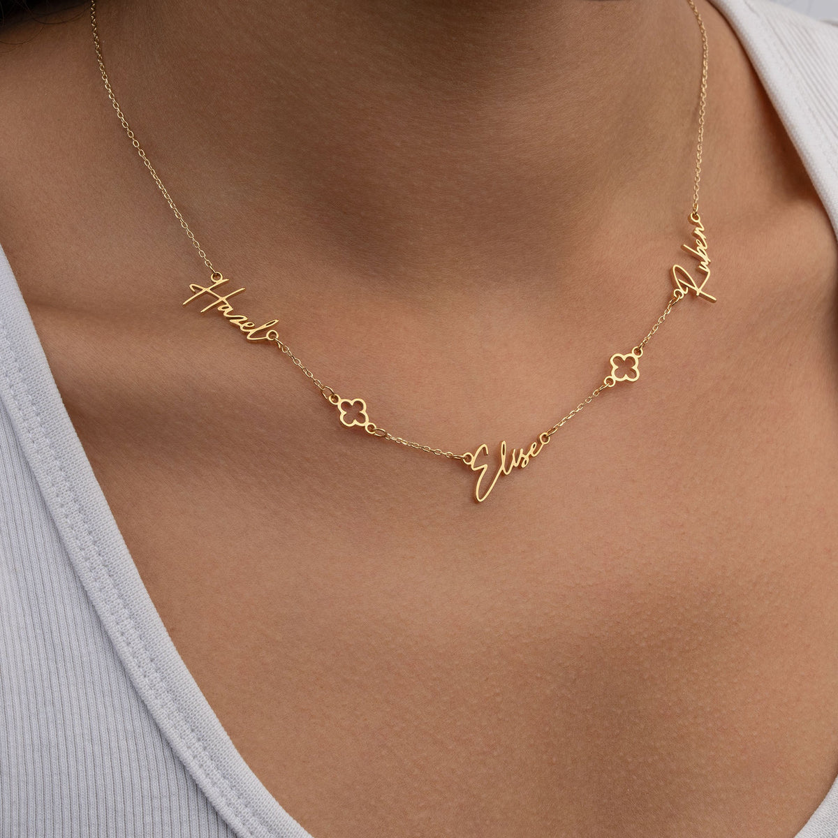 Triple Name Necklace with Two Clovers – Custom Personalised Necklace in Gold or Silver