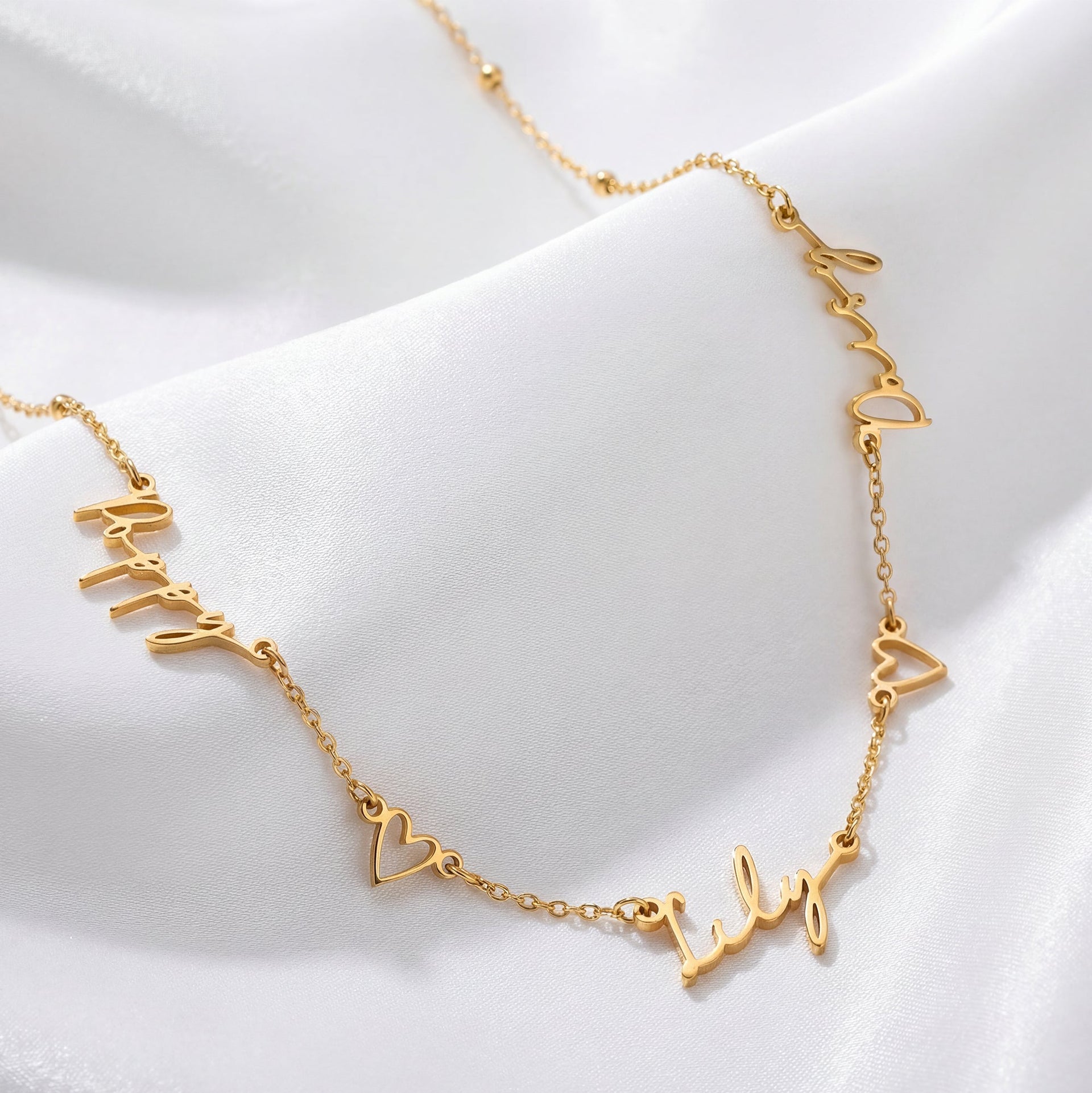 Triple Name Necklace with Two Hearts – Custom Personalised Necklace in Gold or Silver