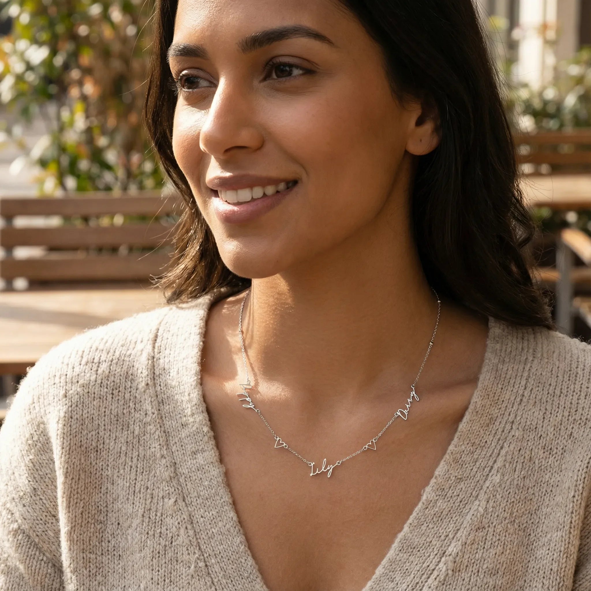 HBD Necklace Triple Name Necklace with Two Hearts