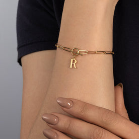 Initial Bracelet with Oval Belcher T-bar Chain & Multiple Charms in Gold or Silver