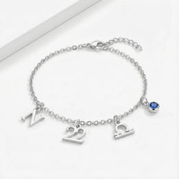 Personalised Story Bracelet with Initial, Year, Zodiac & Birthstone – Custom Gift for Her