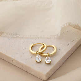 Hinged Hoop with White Cubic Zirconia Teardrop Earrings in Gold & Silver