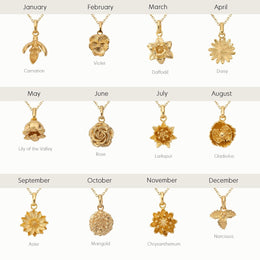 Birth Flower Necklace in 18ct Gold & Sterling Silver. Choose from 12 Birth Flowers in 3 Styles