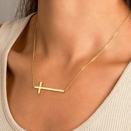 Horizontal Cross Necklace in Gold or Silver – Modern Sideways Cross Pendant