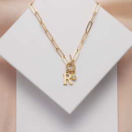 Initial Necklace with Oval Belcher T-bar Chain & Multiple Charms in Gold or Silver