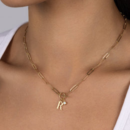 Initial Necklace with Oval Belcher T-bar Chain & Multiple Charms in Gold or Silver