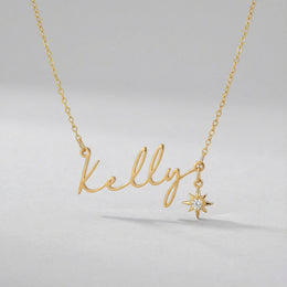Name Necklace with Cubic Zirconia Star Charm in Gold & Silver