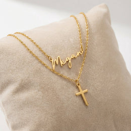 Personalised Name & Cross Layered Necklace Set | HBD