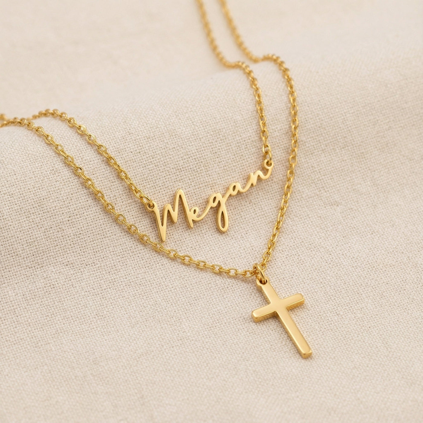 Personalised Name & Cross Layered Necklace Set