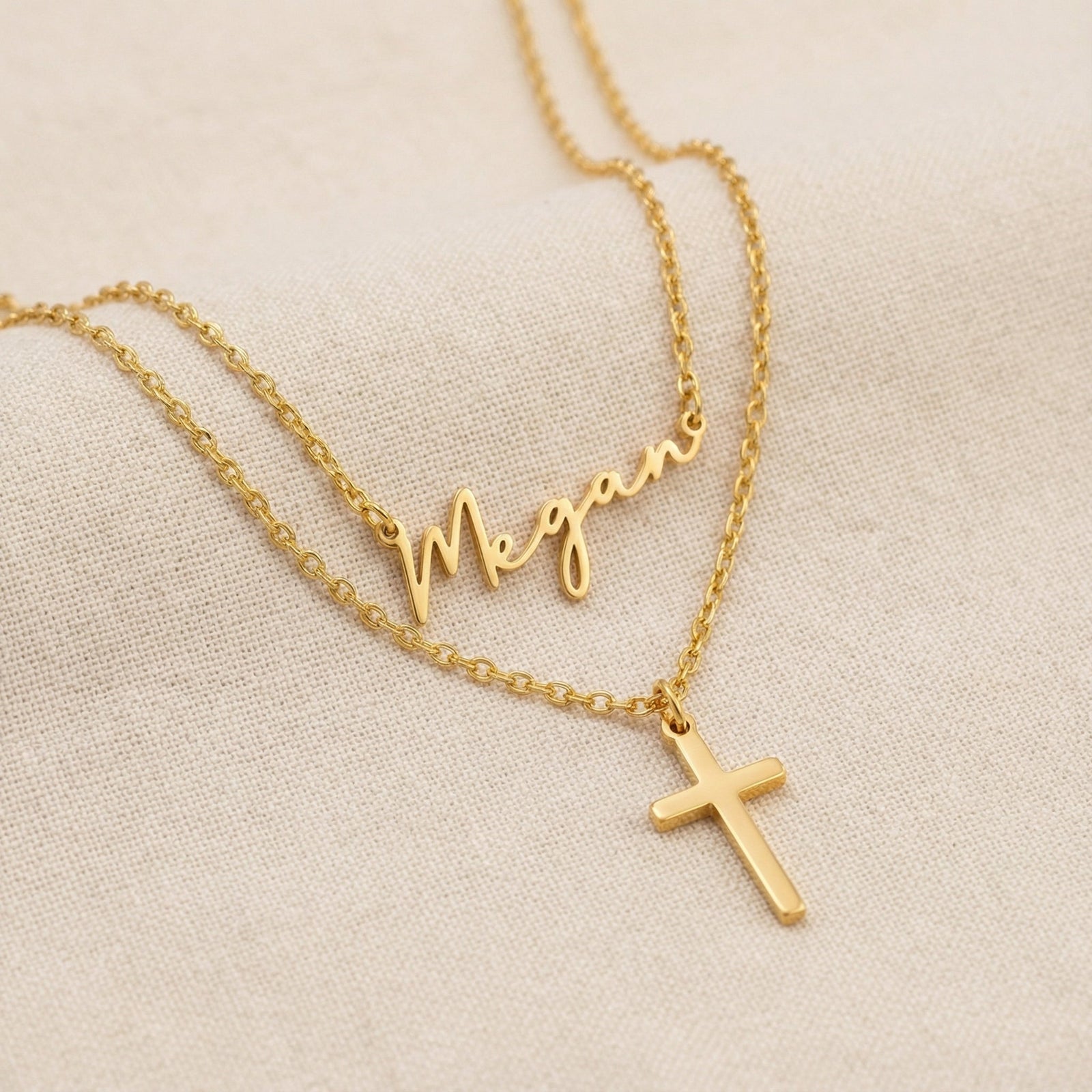 Personalised Name & Cross Layered Necklace Set