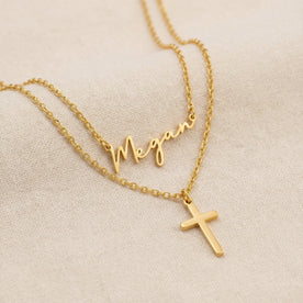 Personalised Name & Cross Layered Necklace Set | HBD