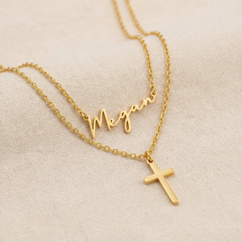 Personalised Name & Cross Layered Necklace Set