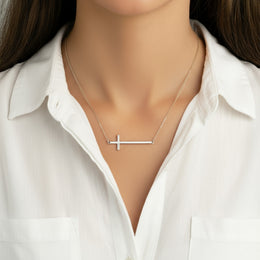 Horizontal Cross Necklace in Gold or Silver – Modern Sideways Cross Pendant