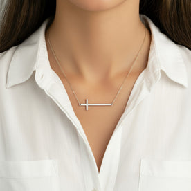 Horizontal Cross Necklace in Gold or Silver – Modern Sideways Cross Pendant