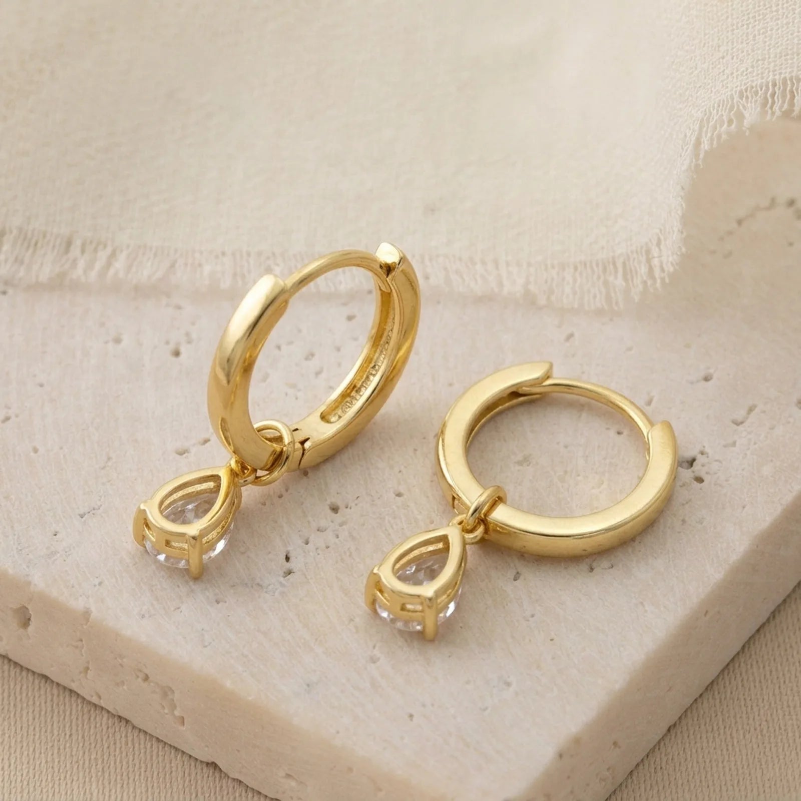 Hinged Hoop with White Cubic Zirconia Teardrop Earrings in Gold & Silver