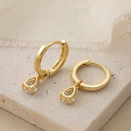 Hinged Hoop with White Cubic Zirconia Teardrop Earrings in Gold & Silver