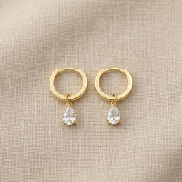 Hinged Hoop with White Cubic Zirconia Teardrop Earrings in Gold & Silver