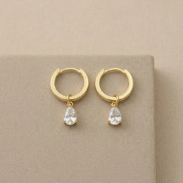 Hinged Hoop with White Cubic Zirconia Teardrop Earrings in Gold & Silver