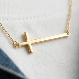 Horizontal Cross Necklace in Gold or Silver – Modern Sideways Cross Pendant