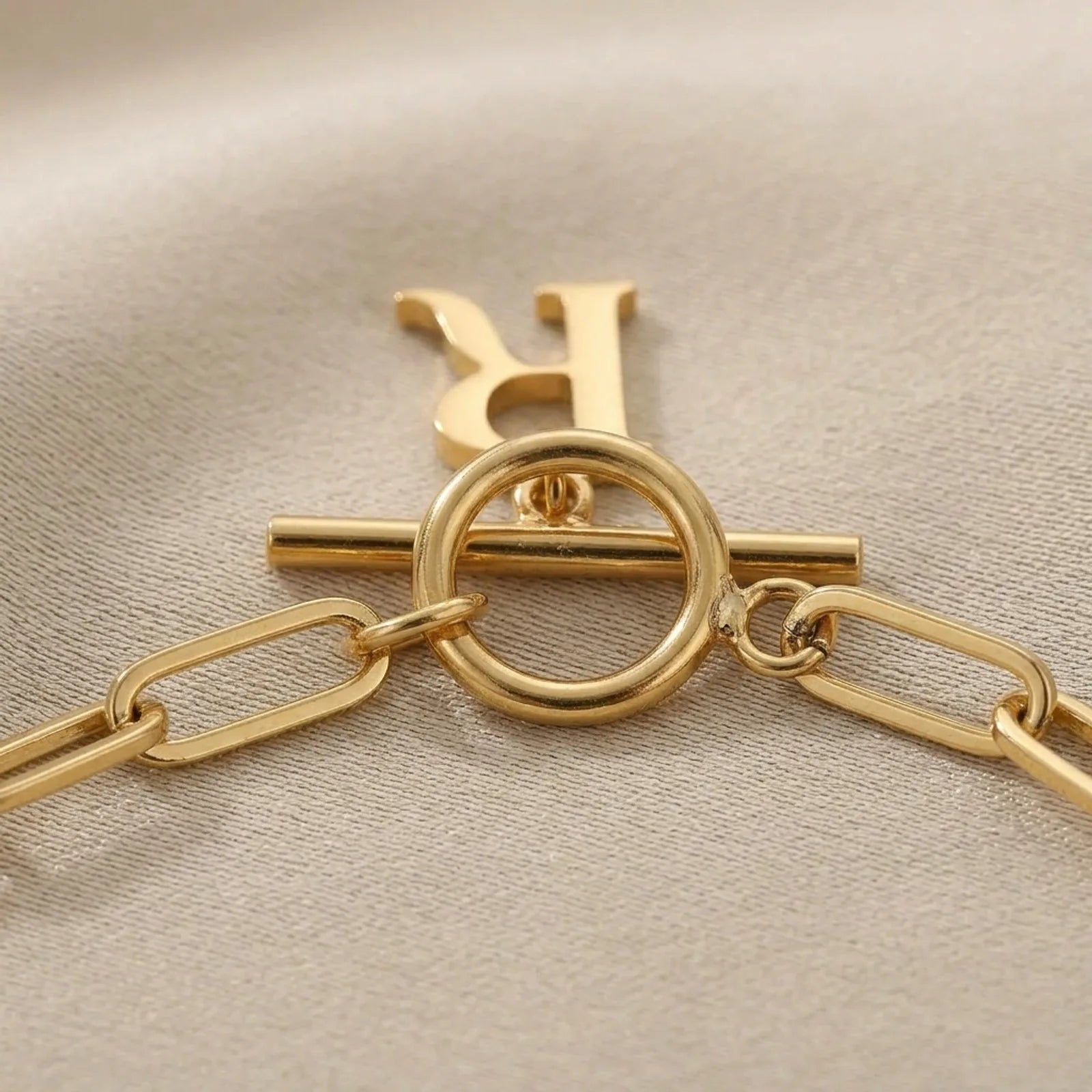Initial Bracelet with Oval Belcher T-bar Chain & Multiple Charms in Gold or Silver