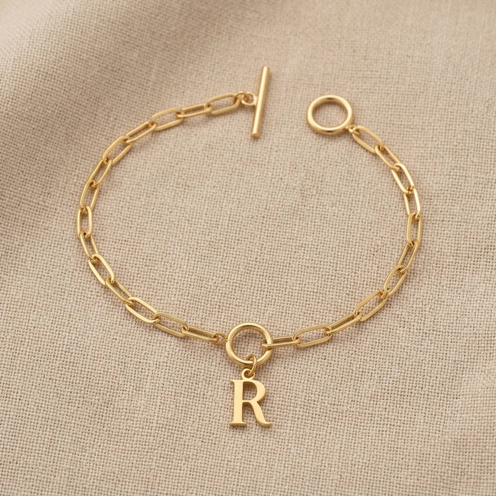 Initial Bracelet with Oval Belcher T-bar Chain & Multiple Charms in Gold or Silver