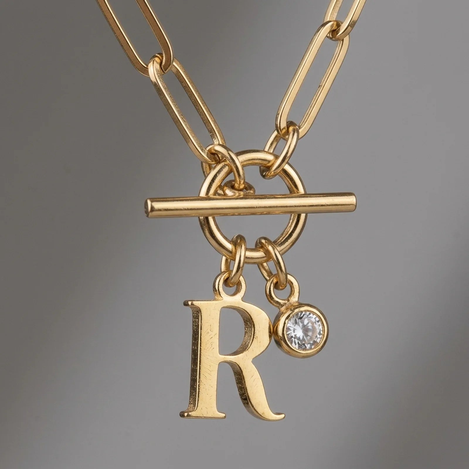 Initial Necklace with Oval Belcher T-bar Chain & Multiple Charms in Gold or Silver