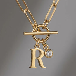 Initial Necklace with Oval Belcher T-bar Chain & Multiple Charms in Gold or Silver
