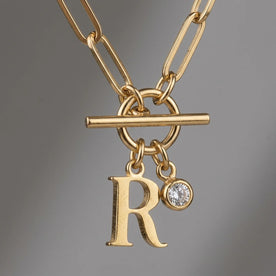 Initial Necklace with Oval Belcher T-bar Chain & Multiple Charms in Gold or Silver