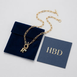 Initial Necklace with Oval Belcher T-bar Chain & Multiple Charms in Gold or Silver