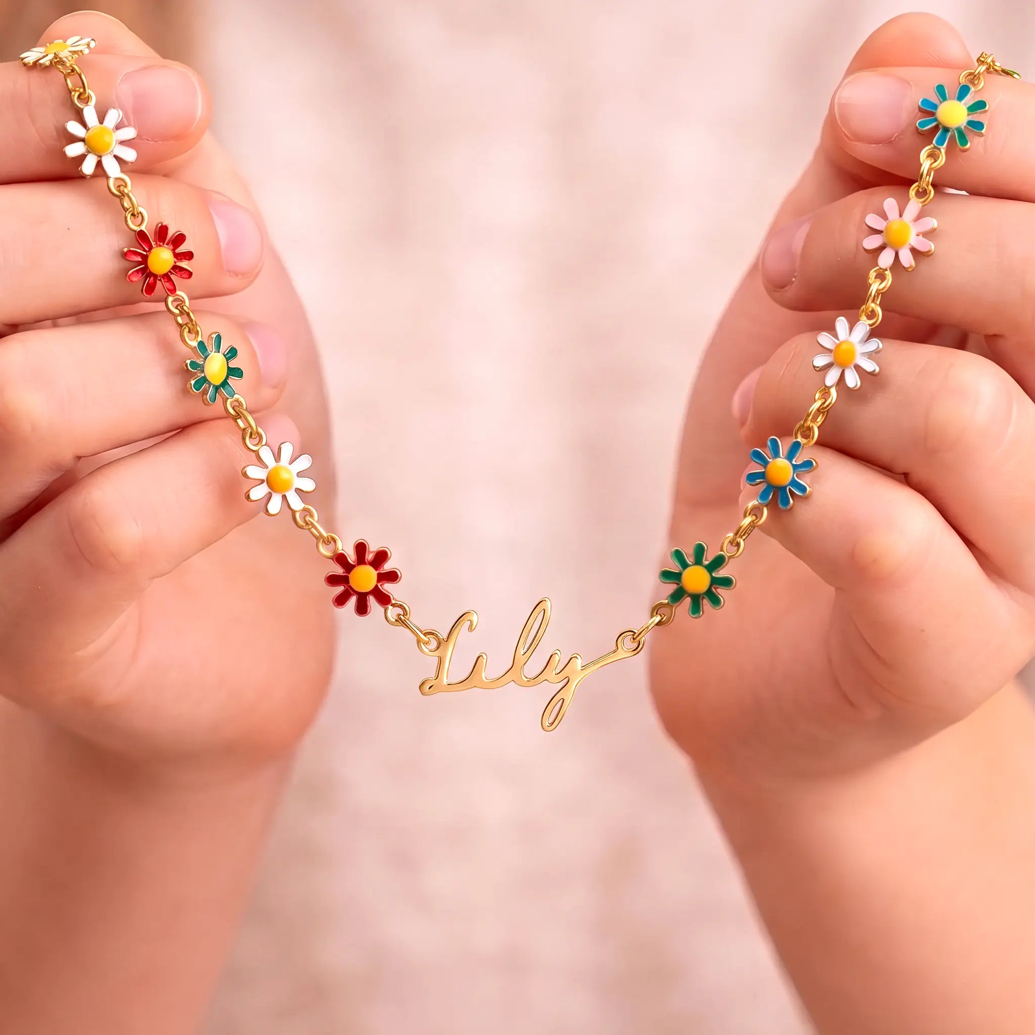 Personalised Kids Daisy Chain Name Necklace in 18ct Gold