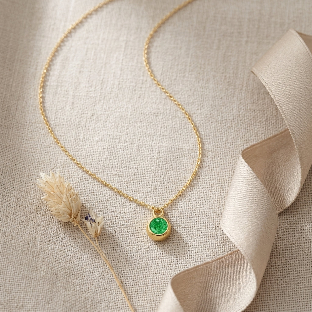 May Birthstone Necklace | Emerald, Gold & Silver