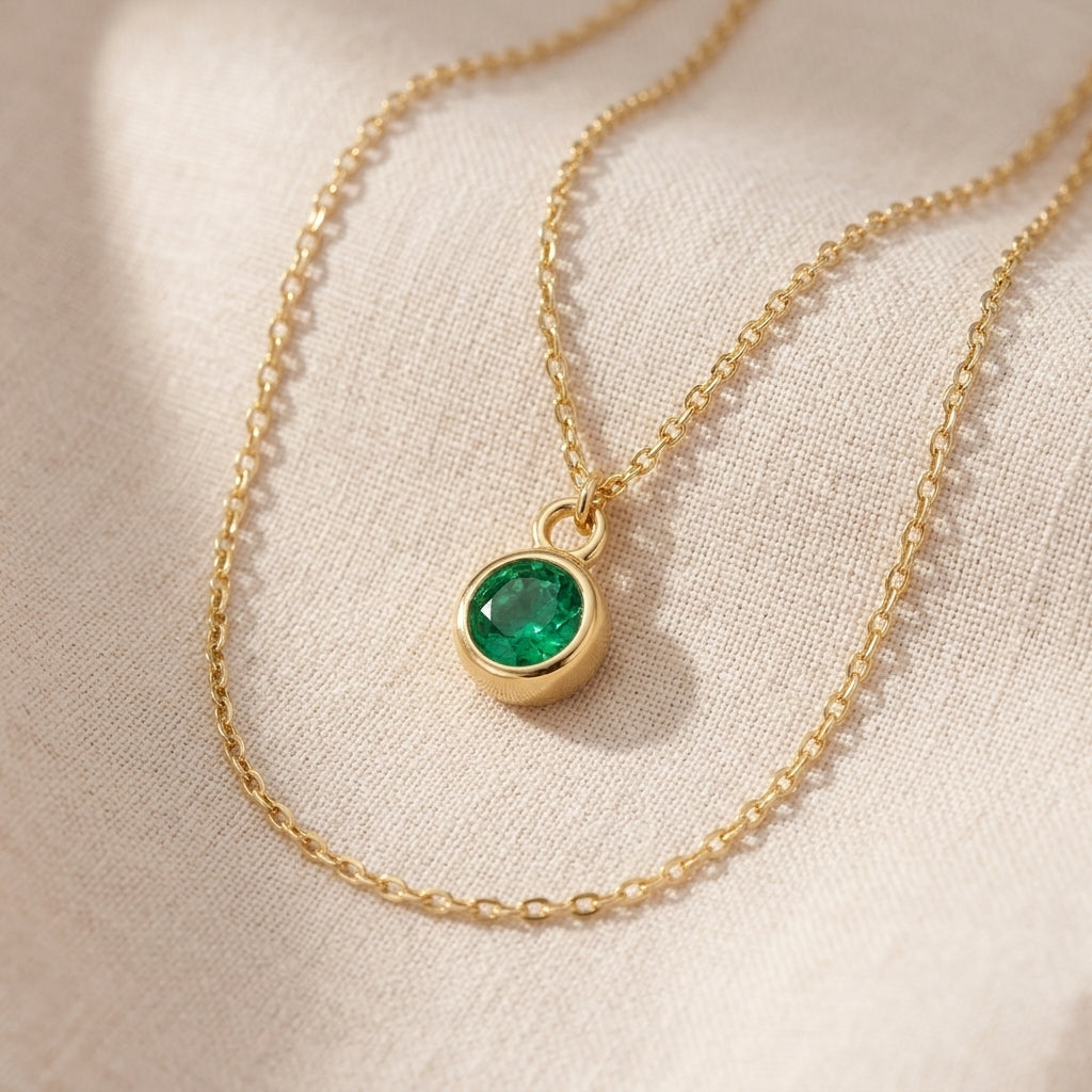 May Birthstone Necklace | Emerald, Gold & Silver