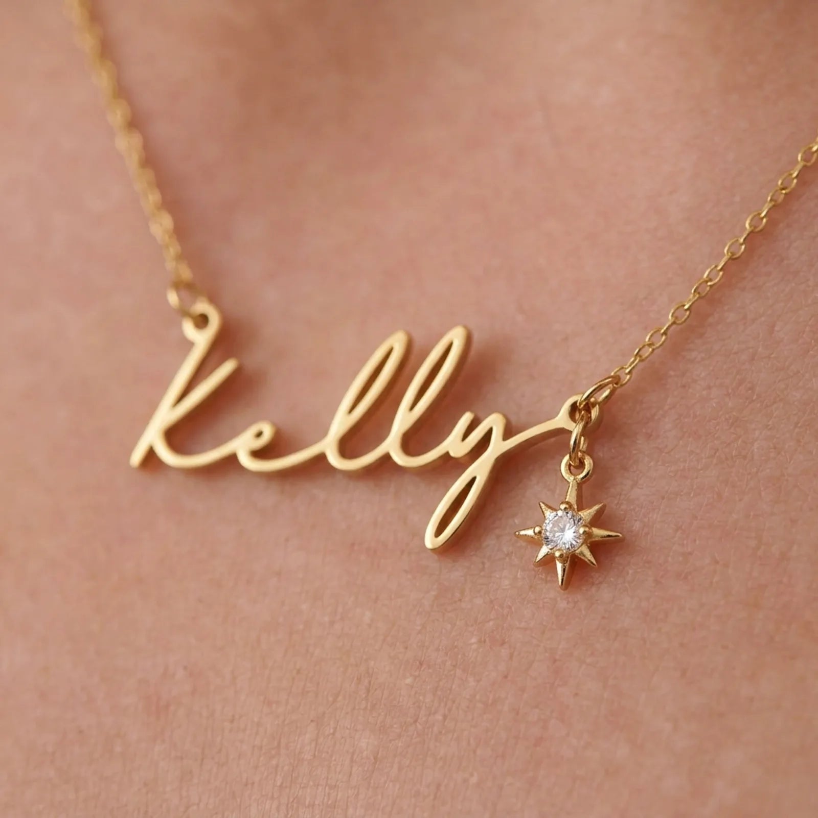 Name Necklace with Cubic Zirconia Star Charm in Gold & Silver