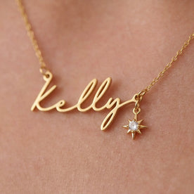 Name Necklace with Cubic Zirconia Star Charm in Gold & Silver