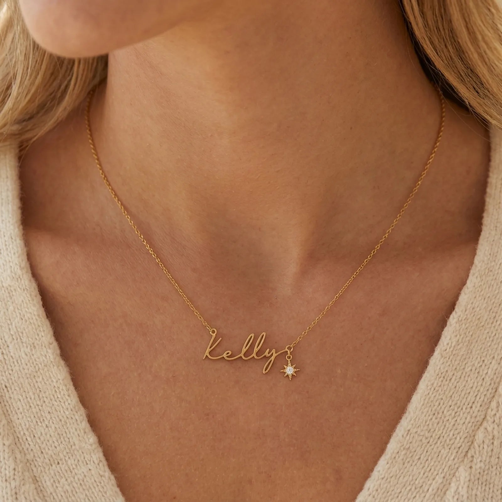 Name Necklace with Cubic Zirconia Star Charm in Gold & Silver