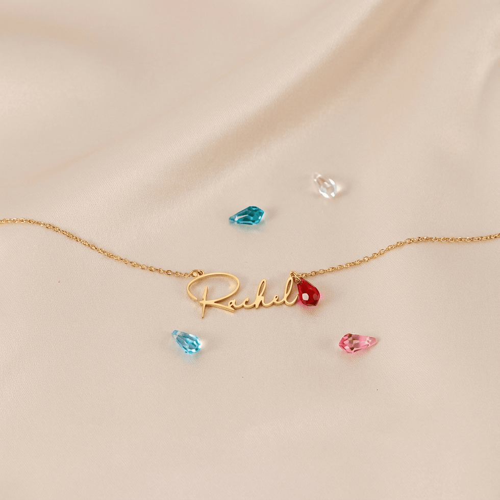Birthstone Personalised Name Necklace in 18ct Gold & Sterling Silver