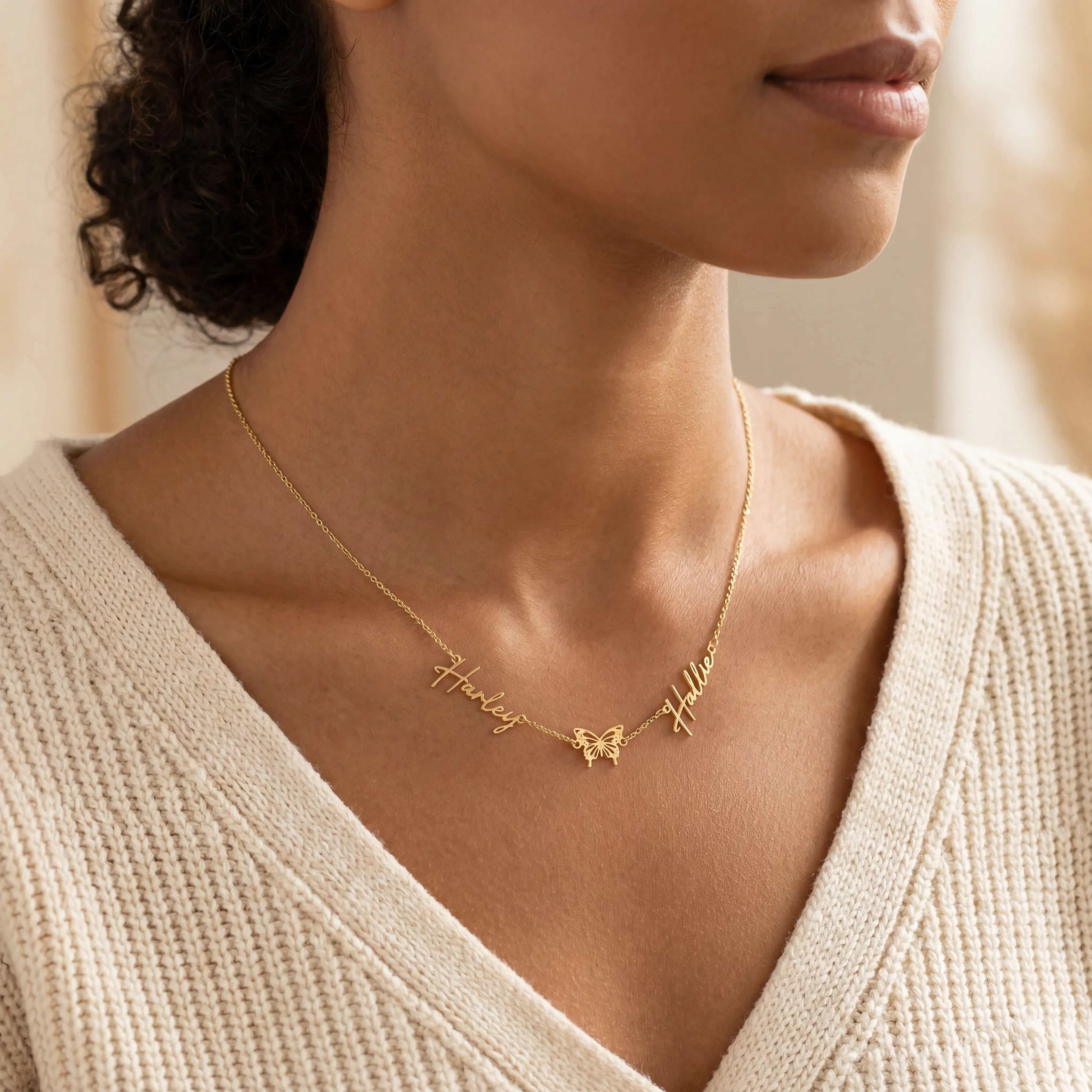 Necklace Double Name with Butterfly Necklace HBD