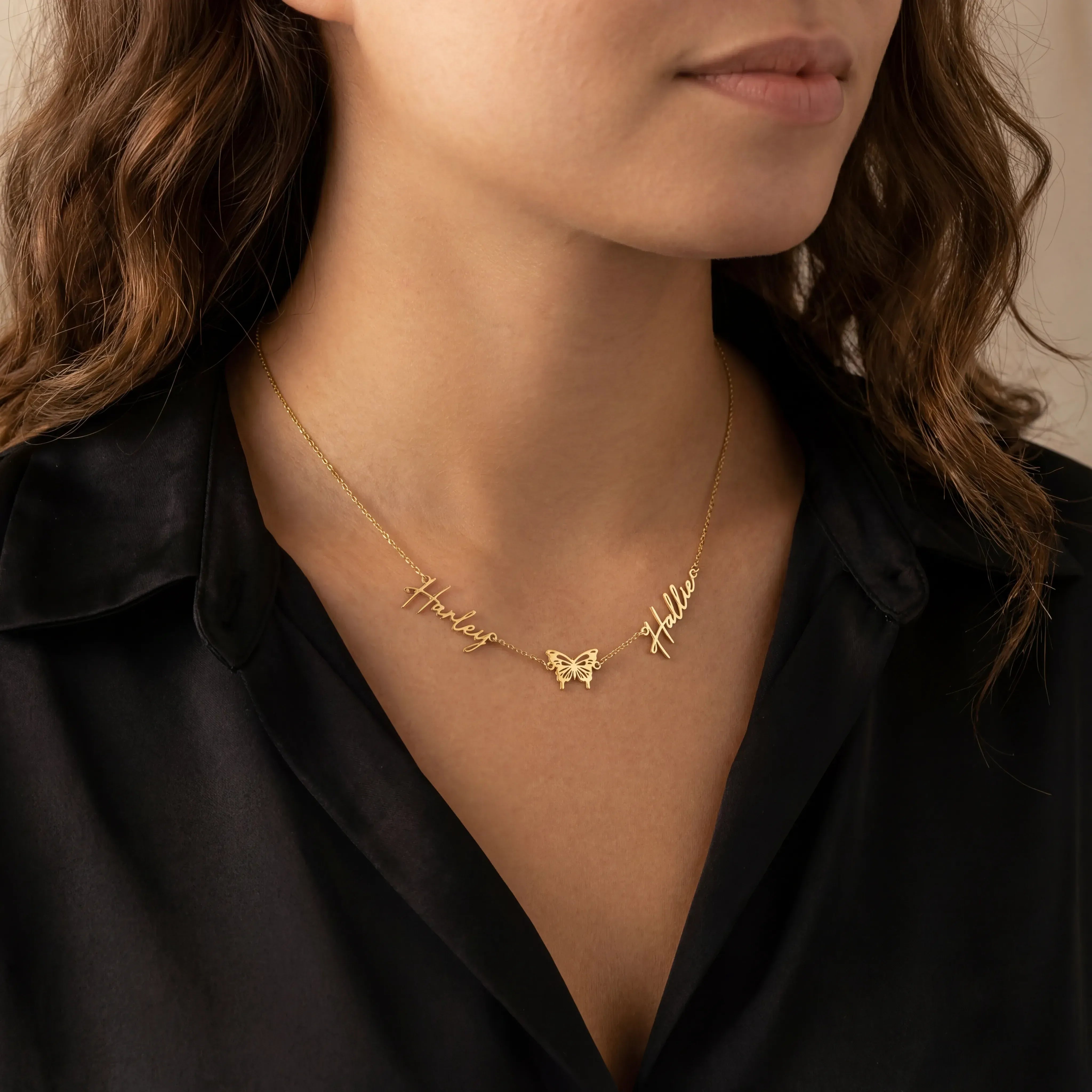 Necklace Double Name with Butterfly Necklace HBD