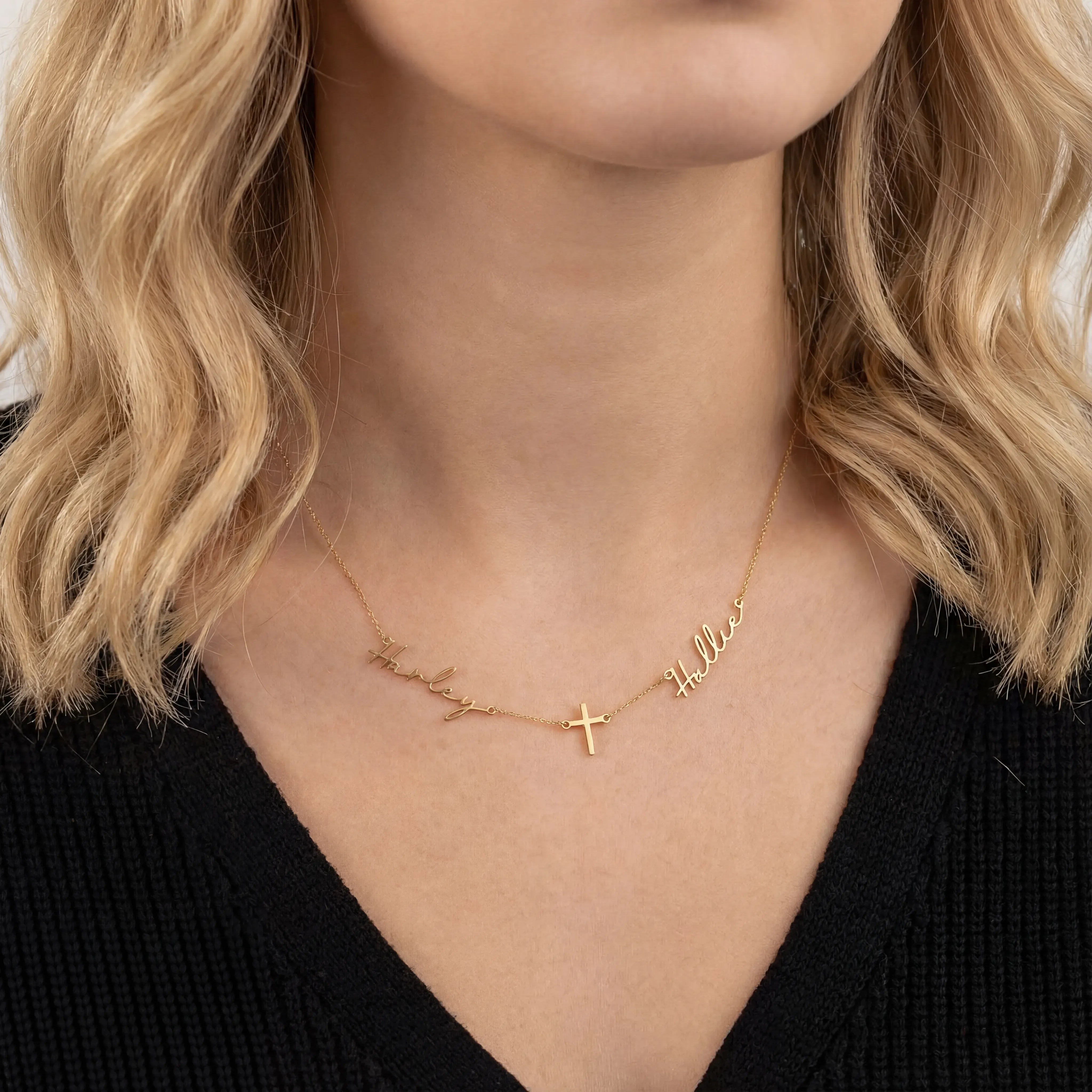 Necklace Double Name with Cross Necklace HBD