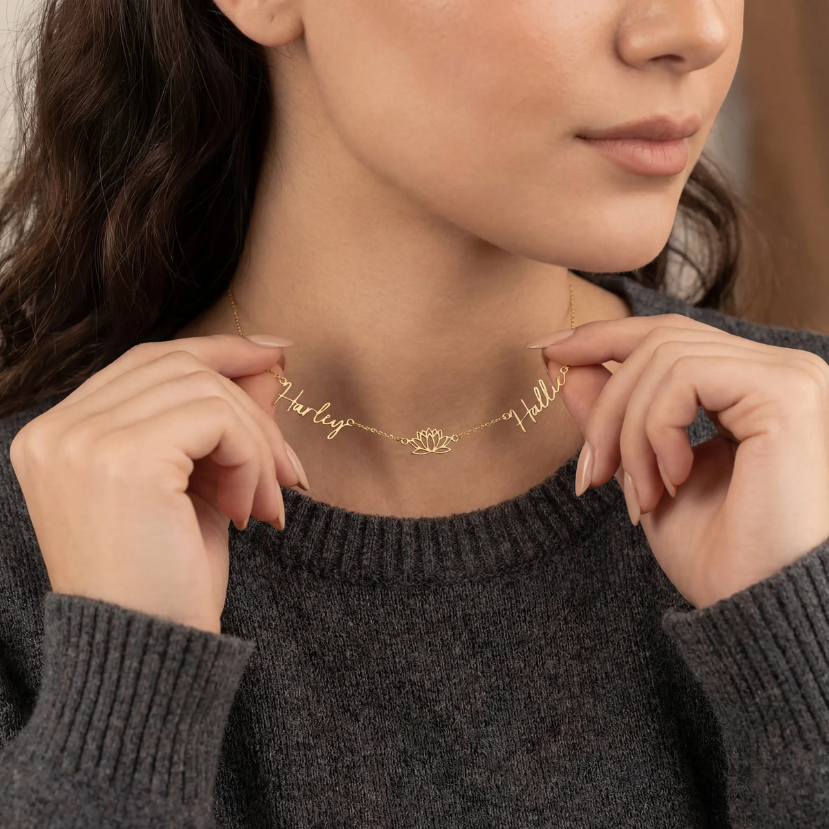 Personalised Lotus Necklace with Two Names – Gold, Silver or Vermeil